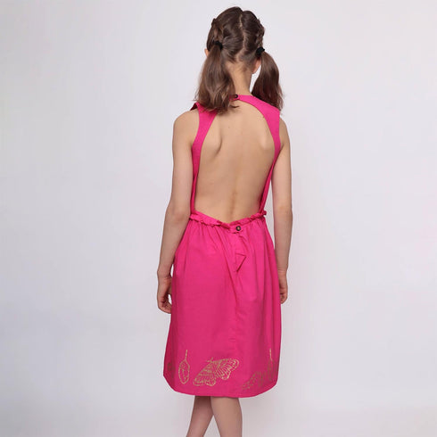Pink Flower Girl Dress with Golden Hand Block Print