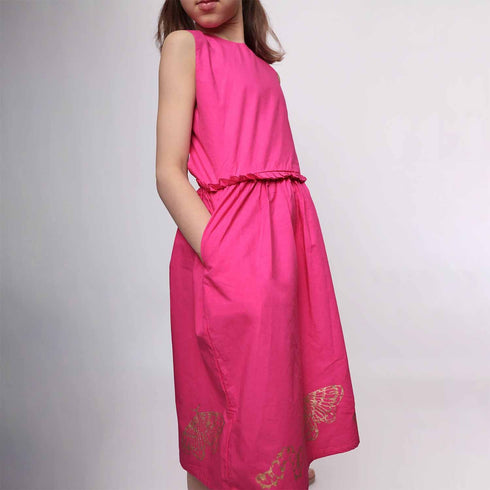 Pink Flower Girl Dress with Golden Hand Block Print