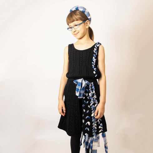Girls Black Cable Knit Dress with Blue Tartan Details