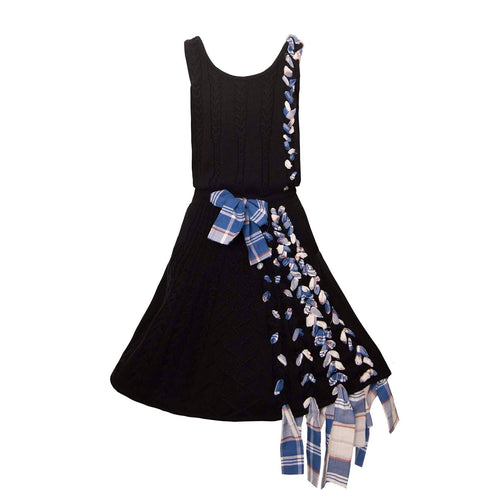 Girls Black Cable Knit Dress with Blue Tartan Details