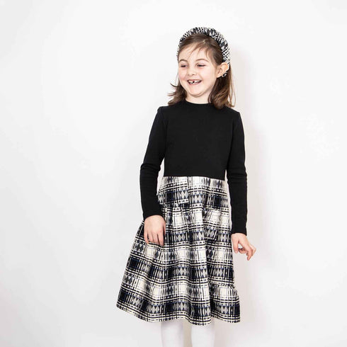 Girls Black Dress with Tartan Skirt in Black & White