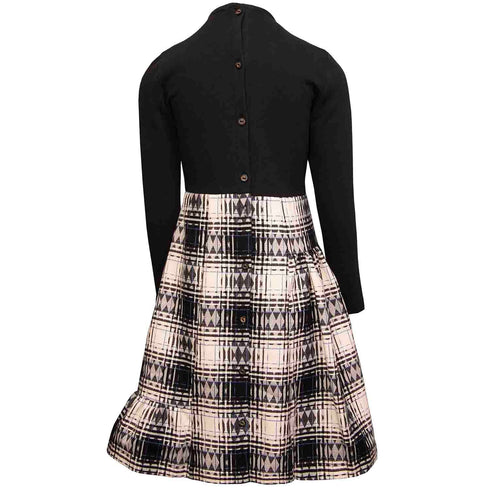 Girls Black Dress with Tartan Skirt in Black & White