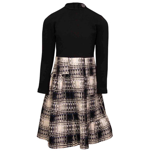 Girls Black Dress with Tartan Skirt in Black & White