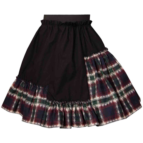 Girls Black Skirt with Tartan Detail in Red & Green