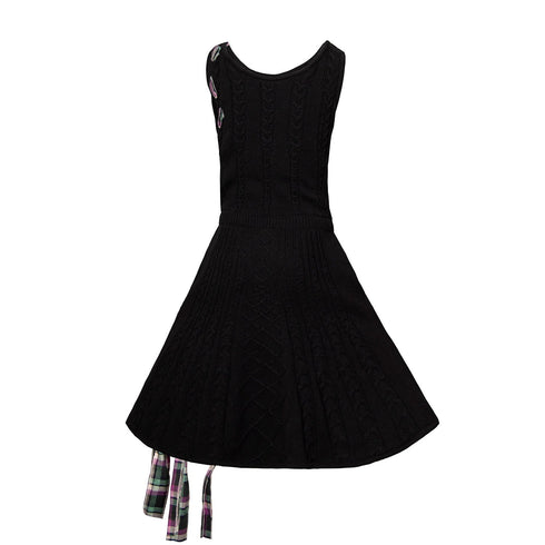 Black Cable Knit Dress with Purple Tartan Details