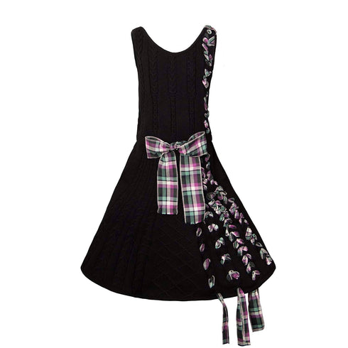 Black Cable Knit Dress with Purple Tartan Details