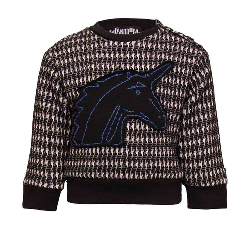 Black and white pied de poule Baby Sweatshirt with Unicorn Appliqué