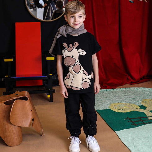 Kids Black Track Pants with Hand Smock