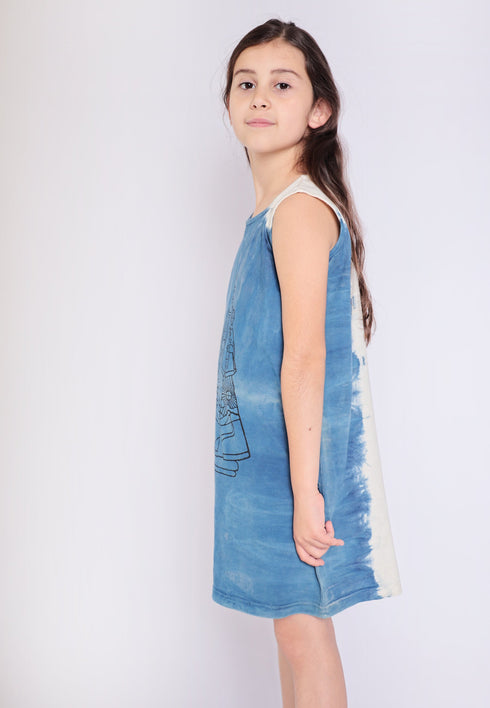 Artisanal T-Shirt Dress Naturally Dyed Indigo with Hand Block Print