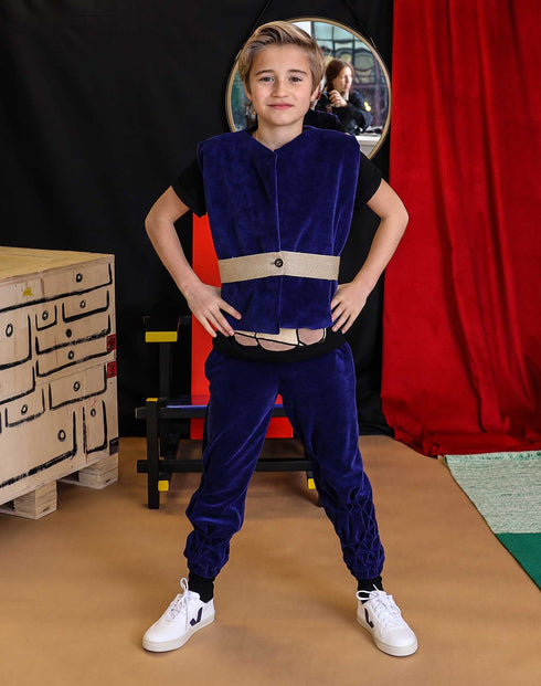 Kids Blue Velvet Track Pants with Hand Smock