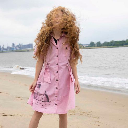 Hand-Painted Pink Safari Dress for Girls Limited Edition, GOTS