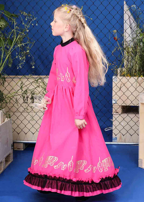 Girls Ball Gown in Pink with Golden Hand Block Print